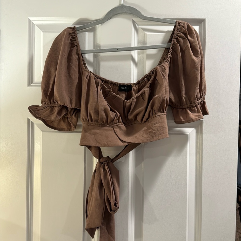 Brown short sleeve crop top with tie in the back
